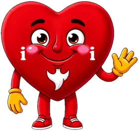 The iyi mascot: a smiling red heart with yellow gloves, waving